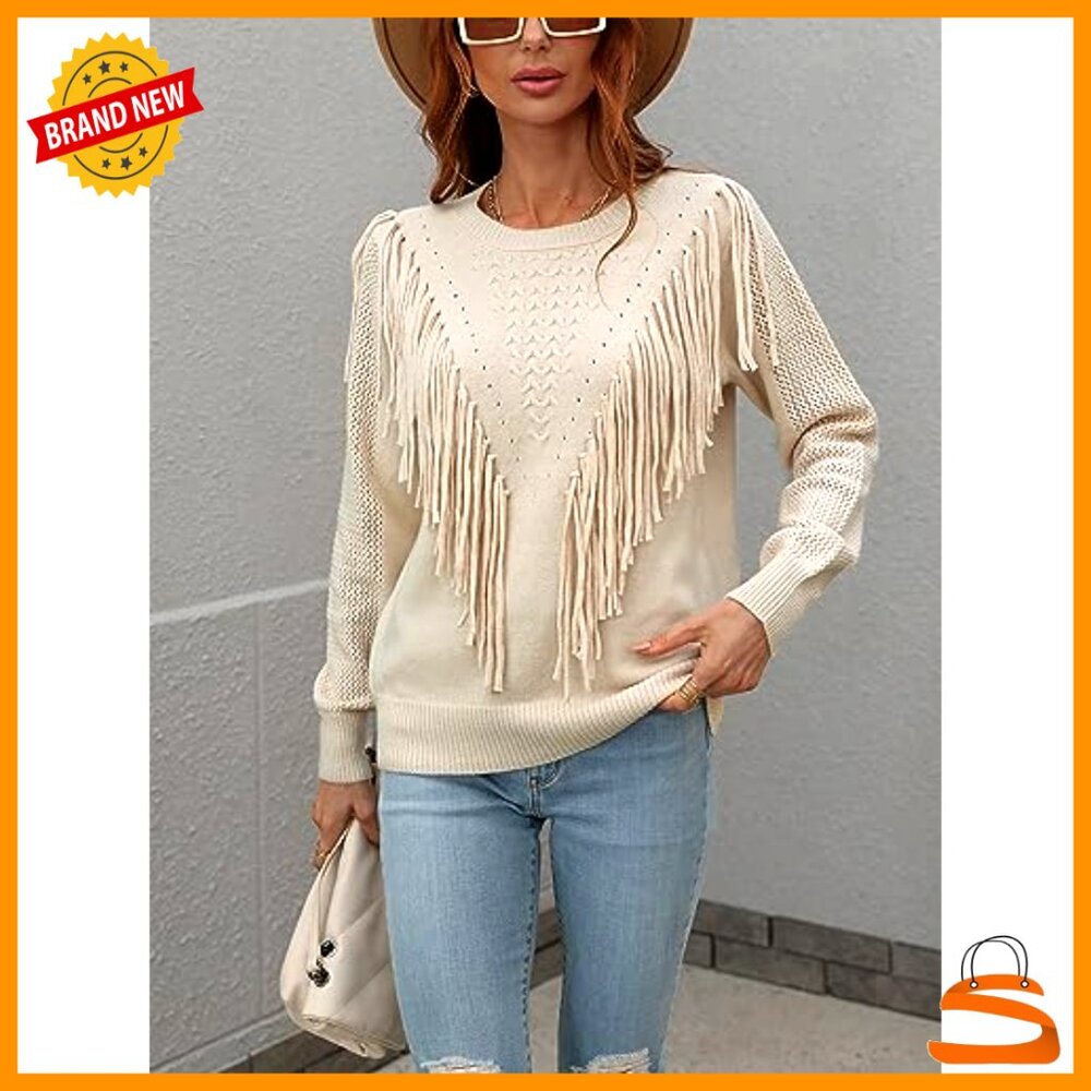 Loose Fit Crochet Fringe Sweater Pullover Long Sleeve Knit Top - Picture 2 of 5